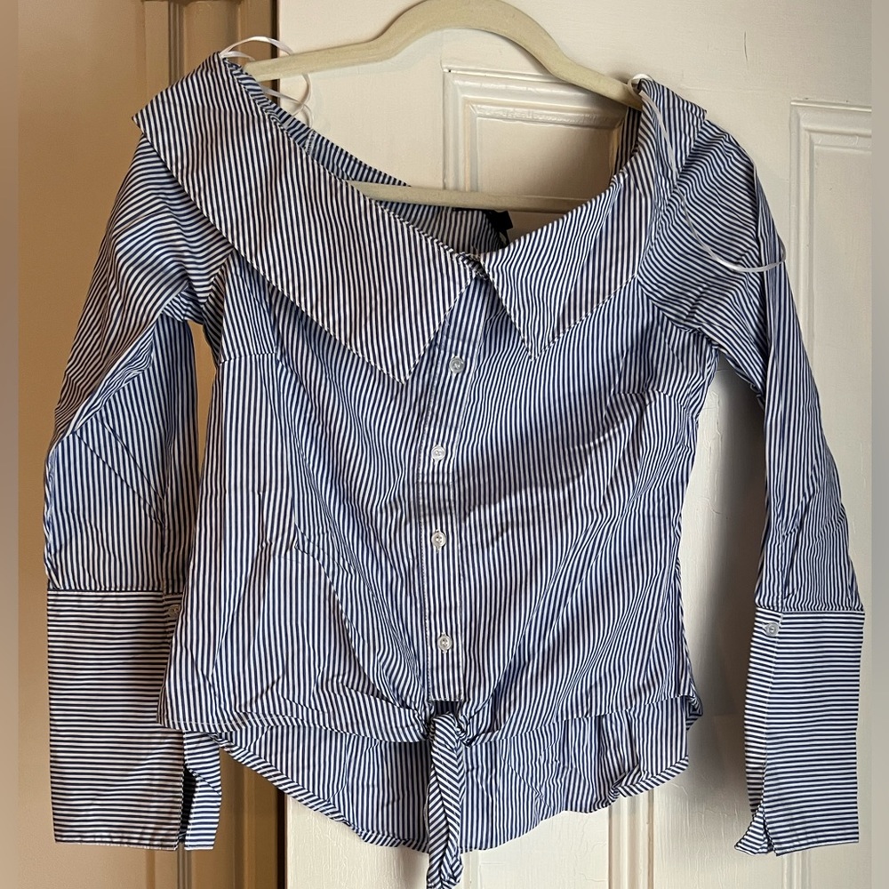 Nautical off the shoulder blue and white striped shirt, size small. Long sleeve